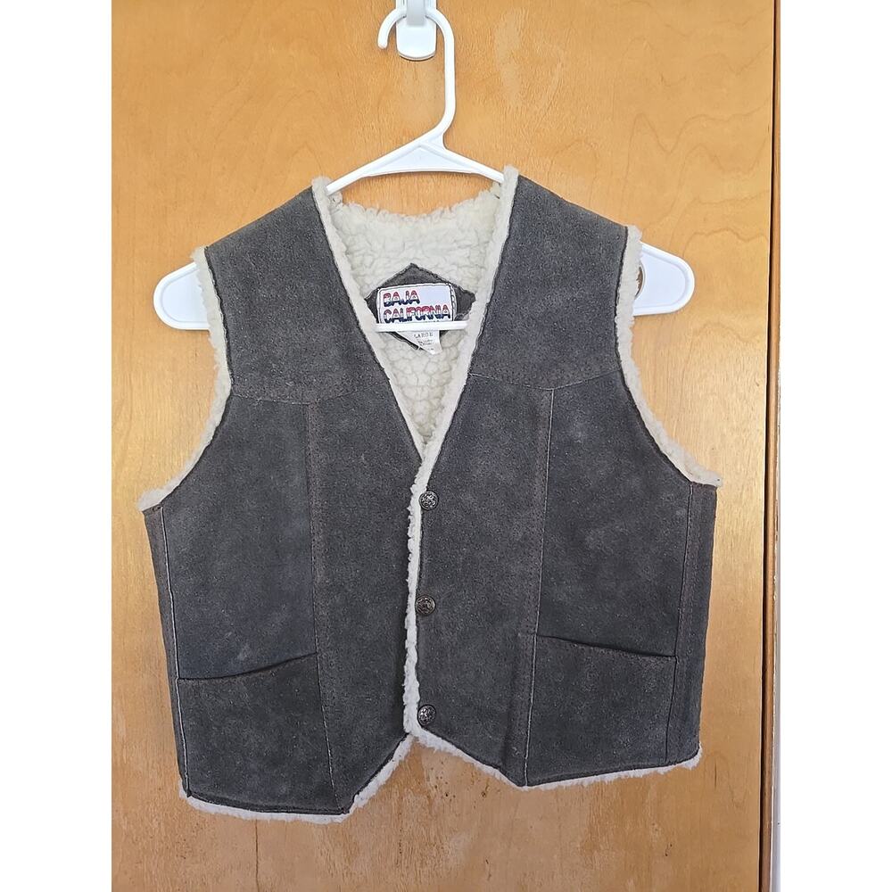BAJA California Vintage Leather Sherpa Lined Vest Size L Grey Color